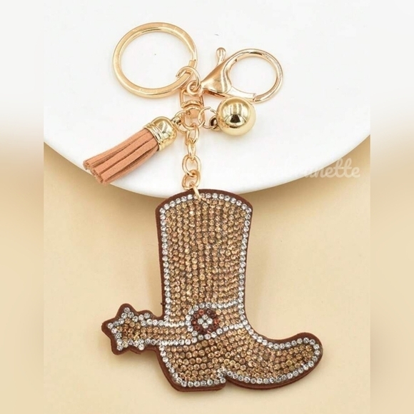 Western Boot Crystal Rhinestone Keychain Bag Charm With Tan Tassel - Picture 5 of 16